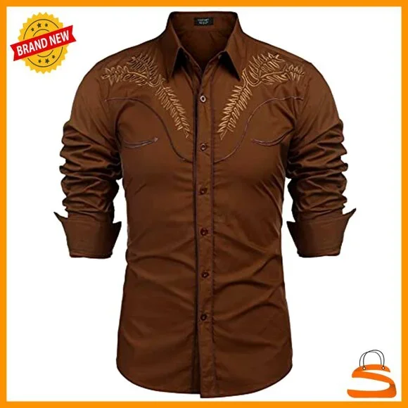 Embroidered Cowboy Shirt Long Sleeve Slim Fit Retro Western Casual Button Down